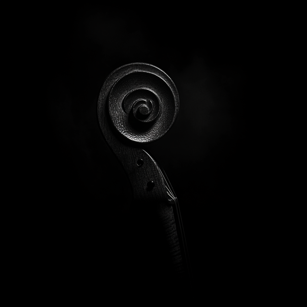 Elegant violin scroll emerging from mysterious darkness.