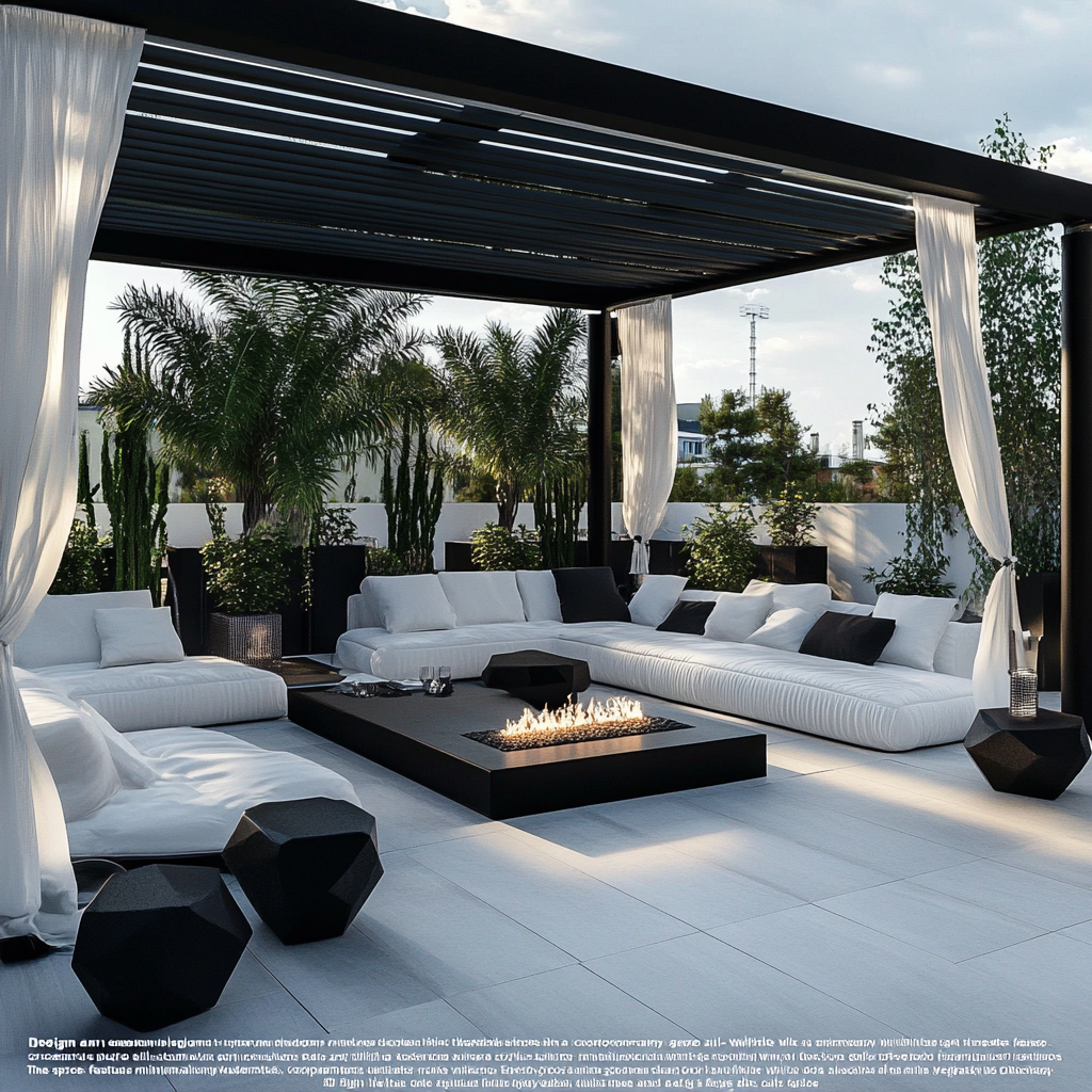 Elegant white-themed roof garden with modern black furniture. Luxurious.