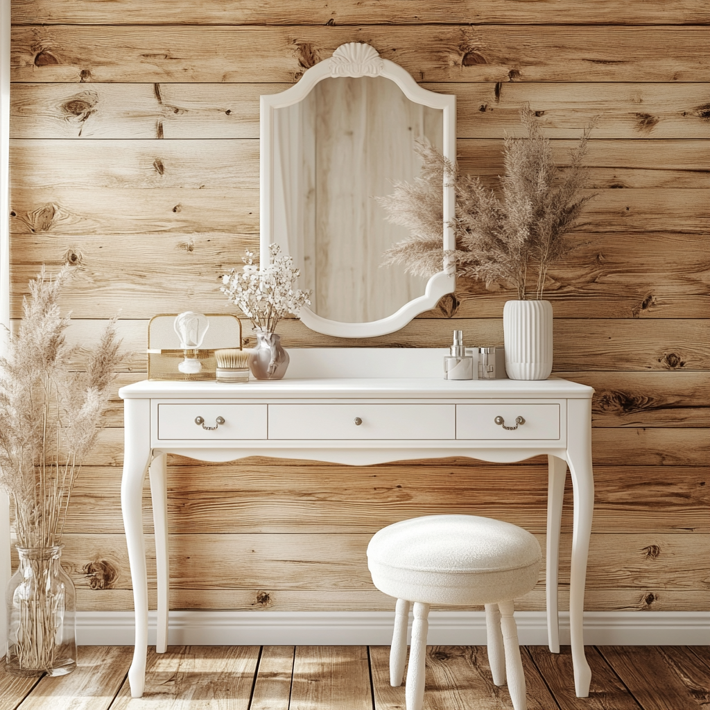 Elegant white vanity table in cozy home interior