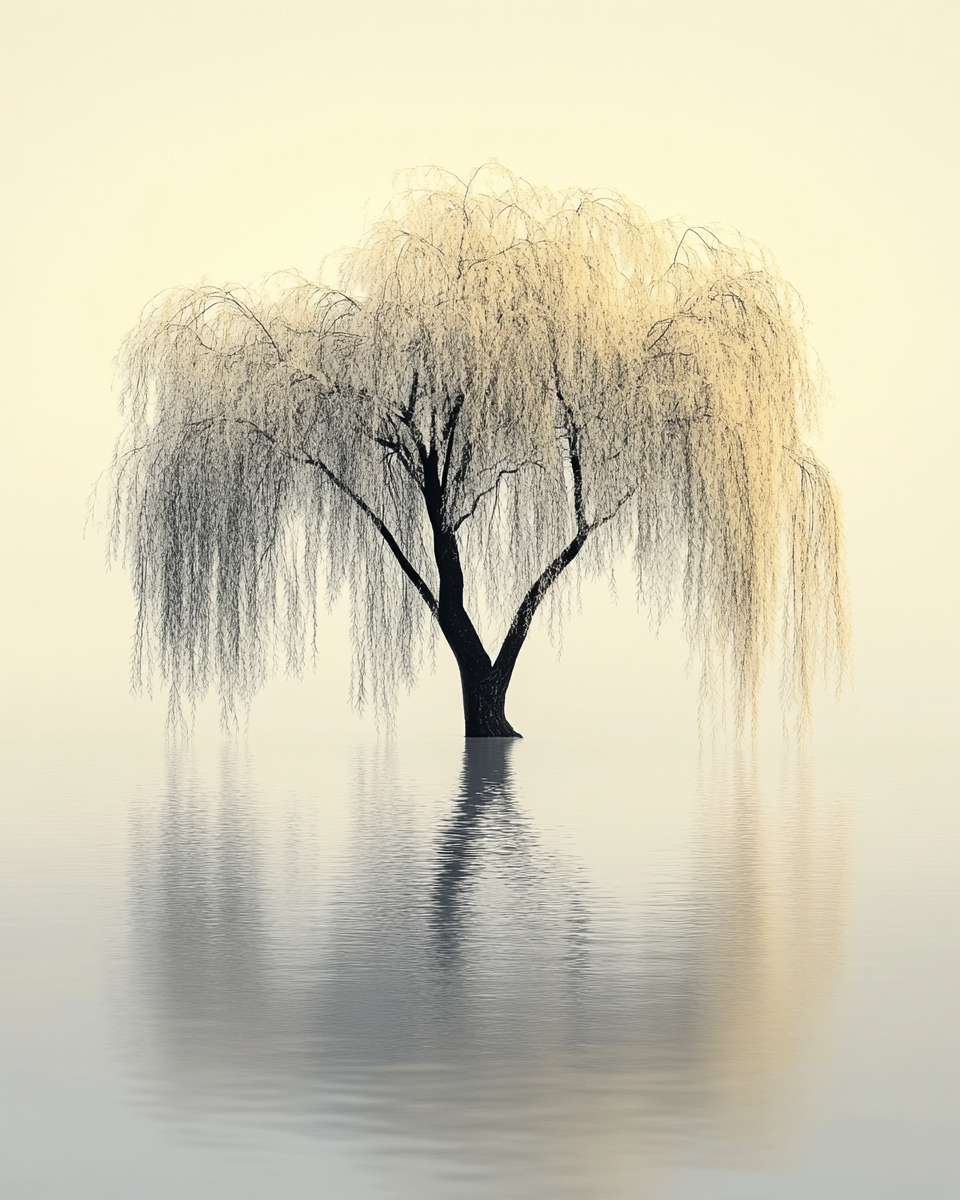 Elegant willow tree with hanging leaves by calm water.