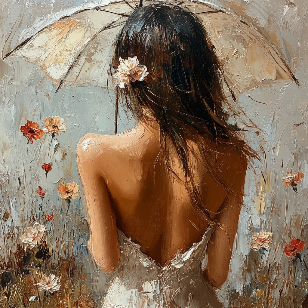 Elegant woman holding floral umbrella in oil painting.