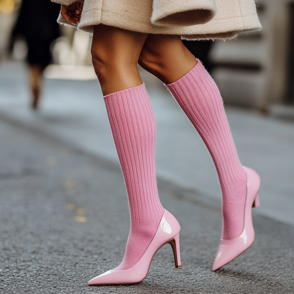 Elegant woman in pink wool socks walking outdoors 