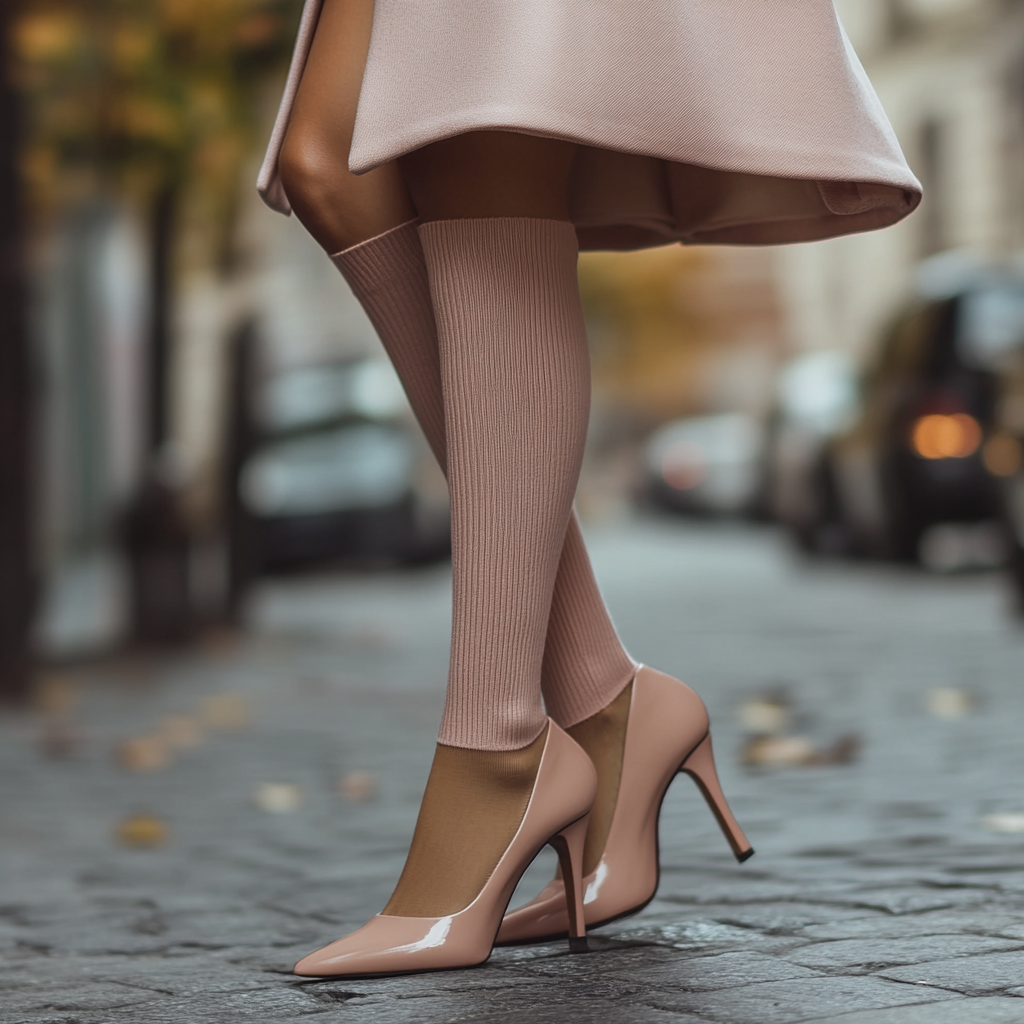 Elegant woman in pink wool socks walking street 