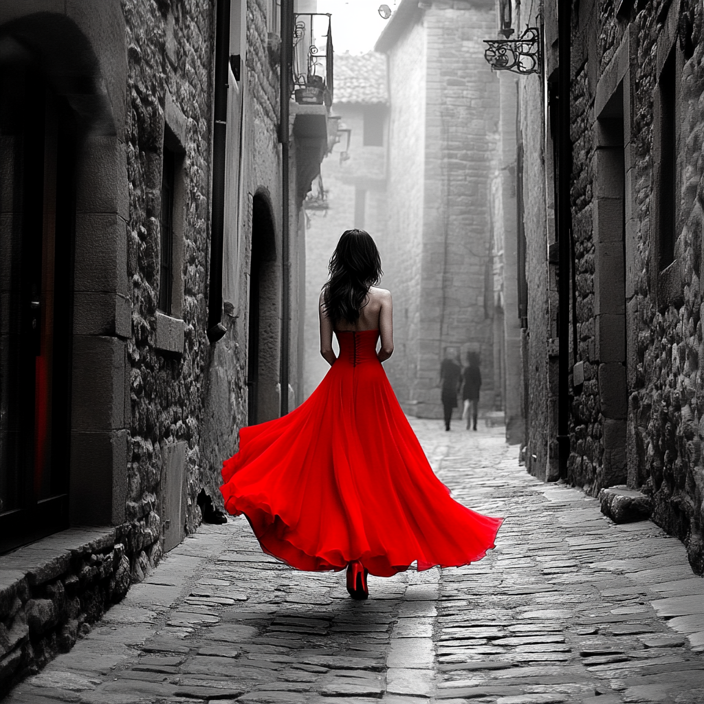 Elegant woman in red dress walking alley scene.