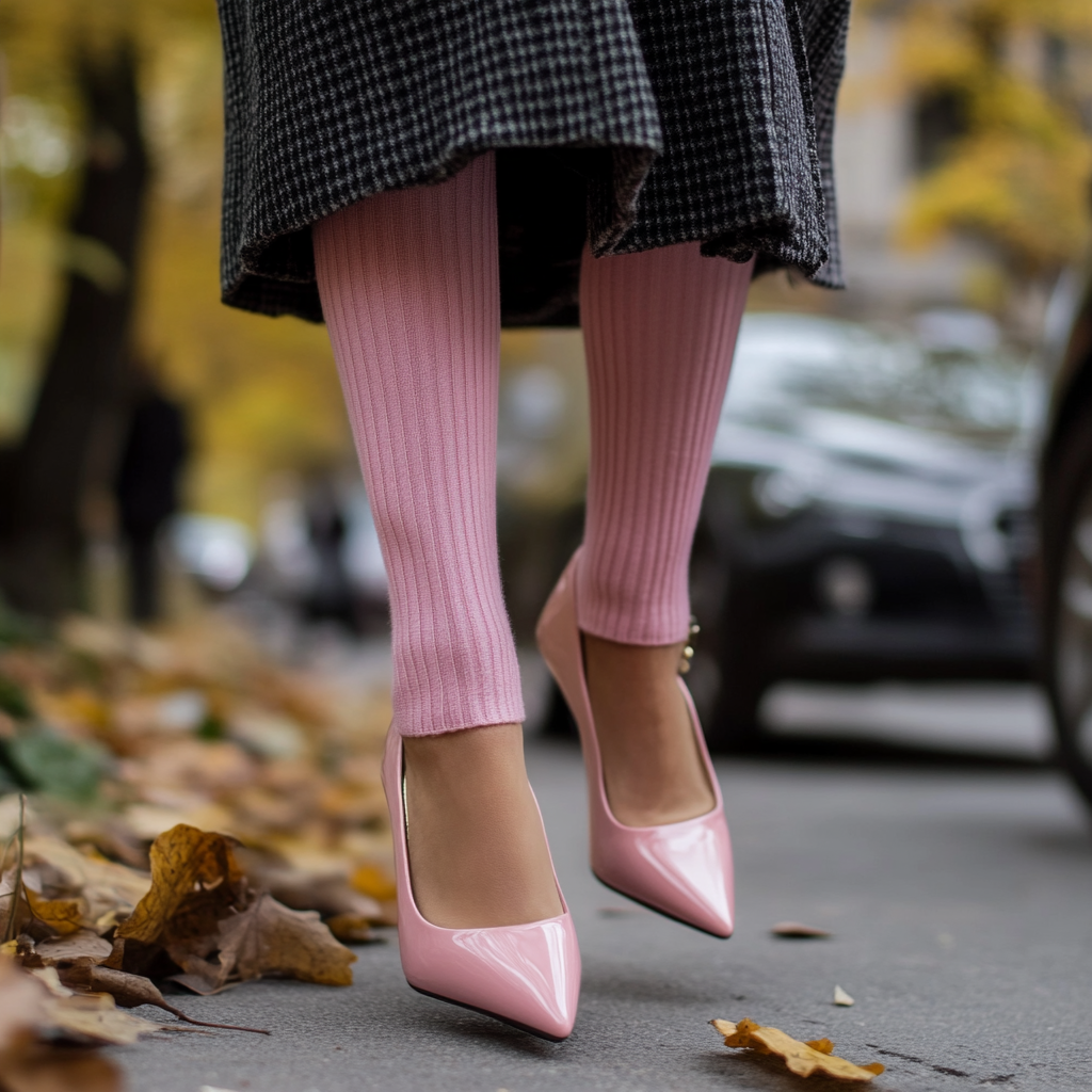 Elegant woman walking in ankle-length pink socks 