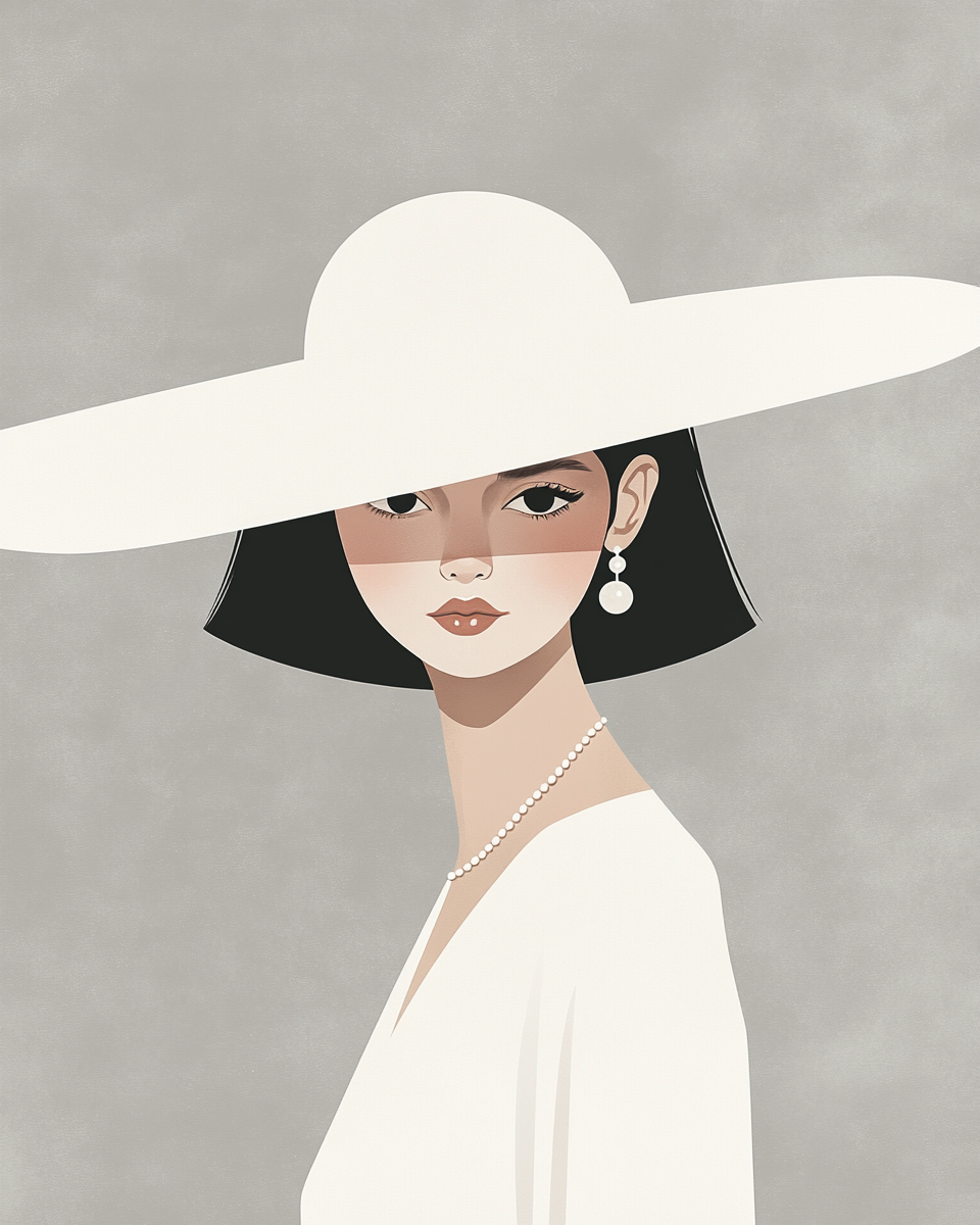 Elegant woman wearing white beige hat with jewelry.