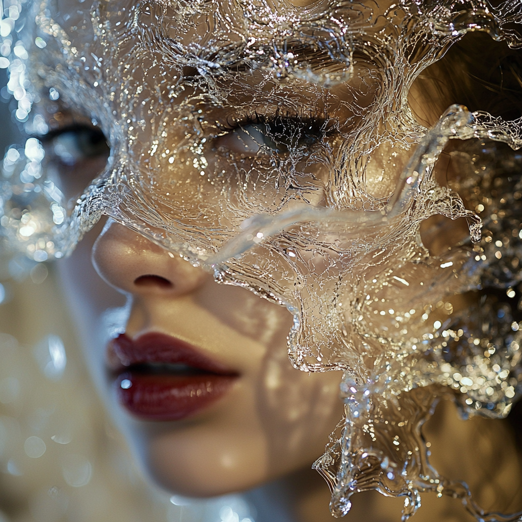 Elegant woman with glass water mask at ball.