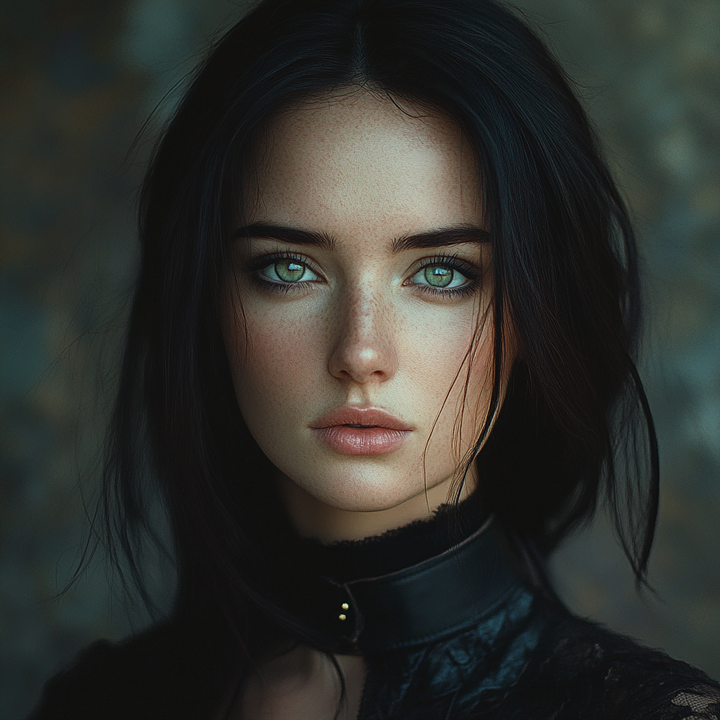 Elegant woman with raven hair and green eyes