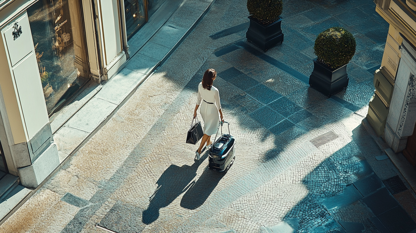 Elegant woman with shopping robot on Montenapoleone sidewalk photoshoot.