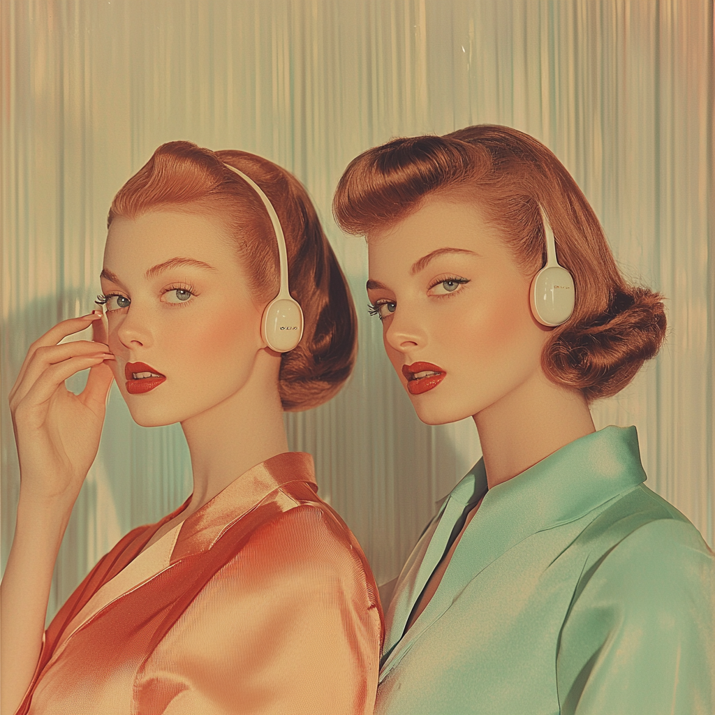 Elegant women in 1950s Apple AirPod ad.