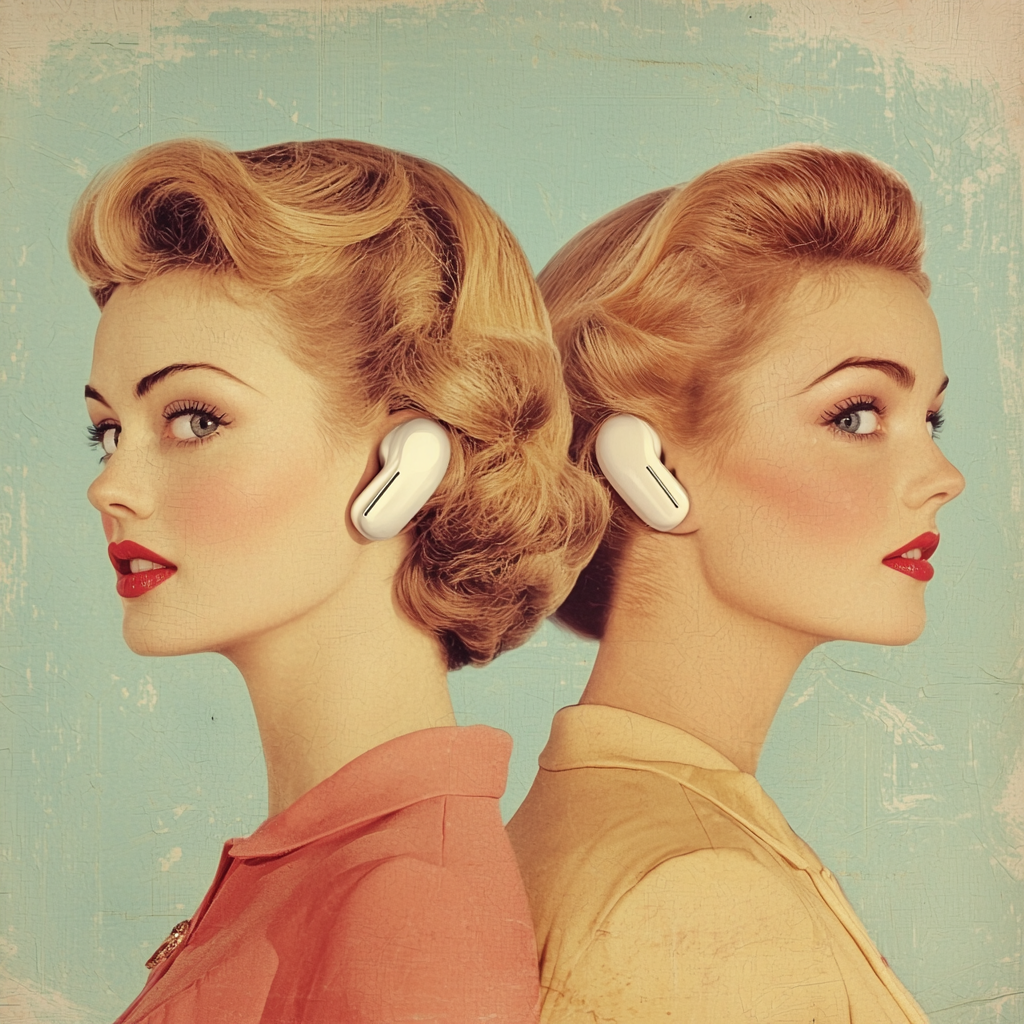 Elegant women with AirPods in retro 1950s style.