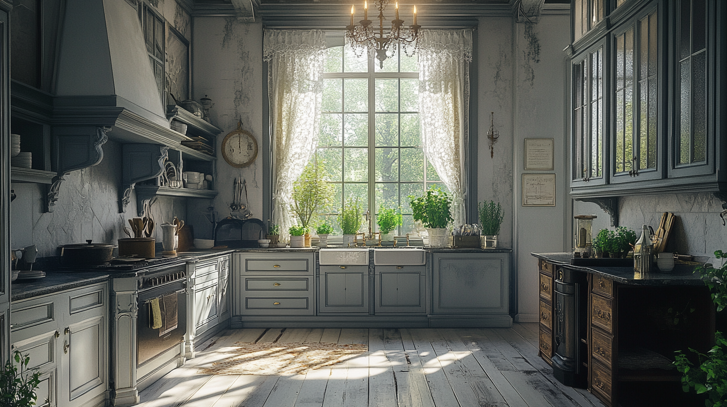 Elegantly eerie kitchen: gray cabinets, lace curtains, antique chandelier.