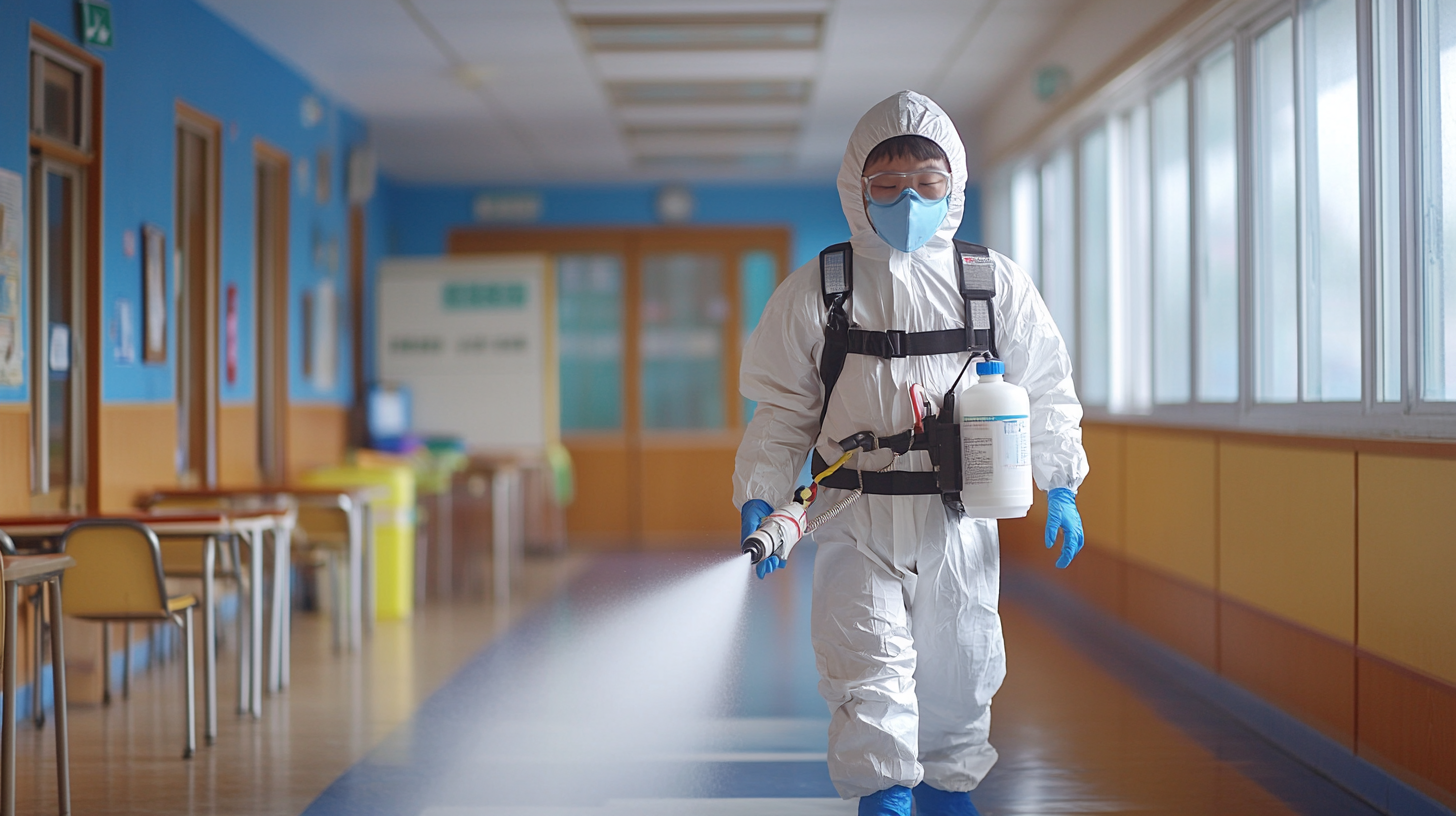 Elementary school sanitized by man in hazmat suit.