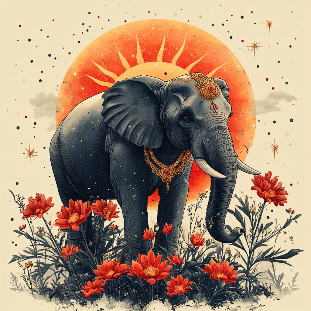 Elephant, Sun, Lotus Vector Logo in Vedic Astrology