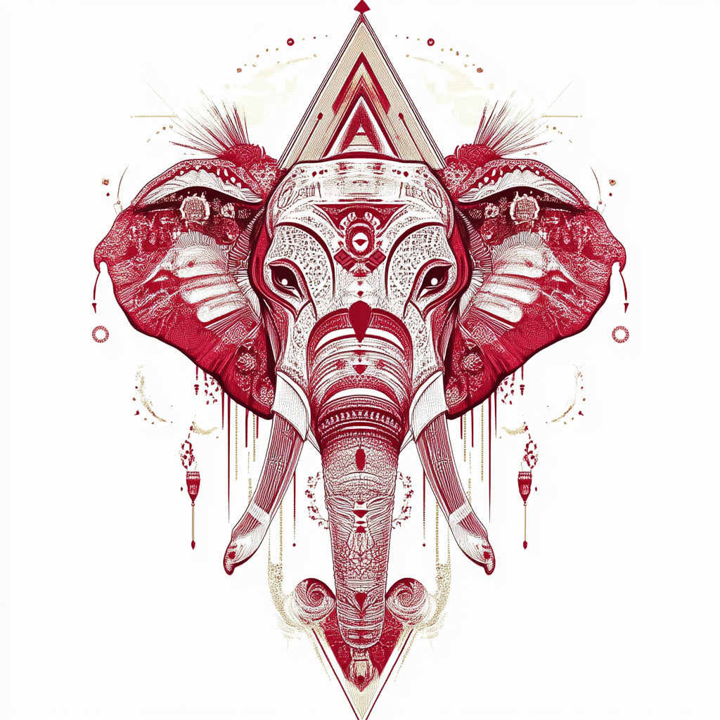 Elephant and pyramid symbols in detailed T-shirt design.