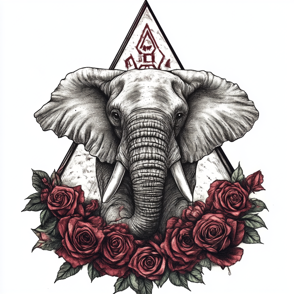 Elephant body as pyramid, trunk raised in power. Red roses at base. Greek letters woven in design.