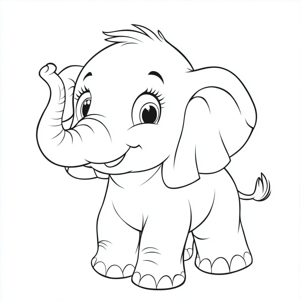 Elephant coloring page for kids, cartoon style, dreamlike.