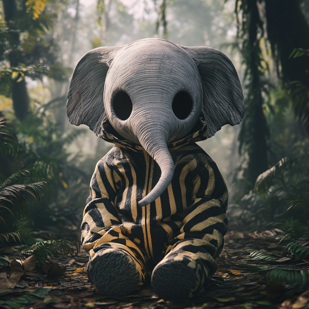 Elephant cosplaying as Jack Skellington in jungle.