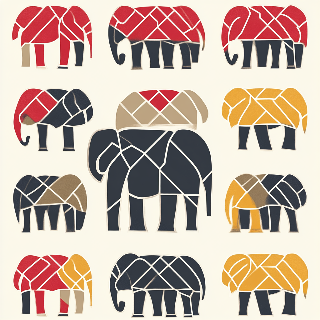 Elephant pattern with red, white, gold designs on shirt.