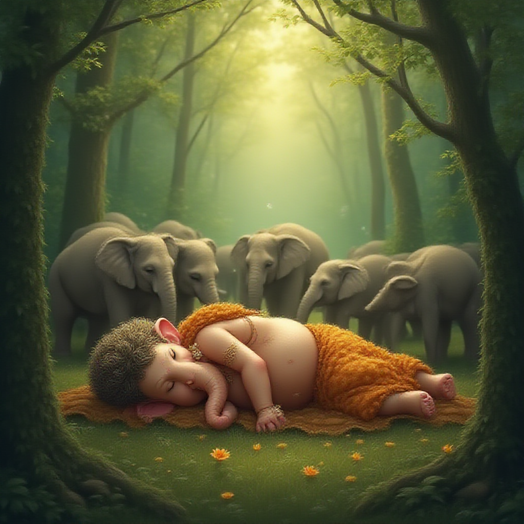 Elephants Shielding Sleeping Lord Ganesha in Forest