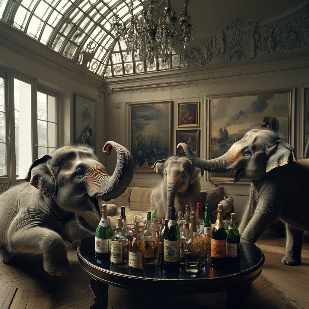 Elephants dance in loft with glass roof, black table.