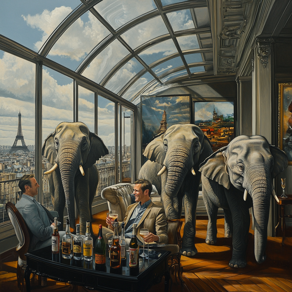 Elephants dancing in loft with artist journalist holding cocktail.