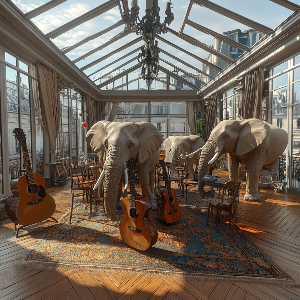 Elephants partying in loft with glass roof, guitars.