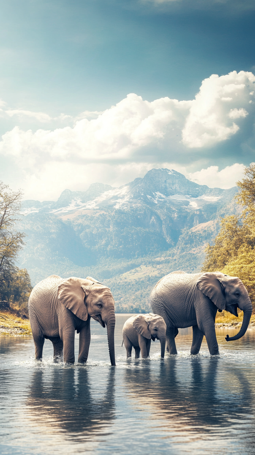 Elephants play happily in lake in Africa.