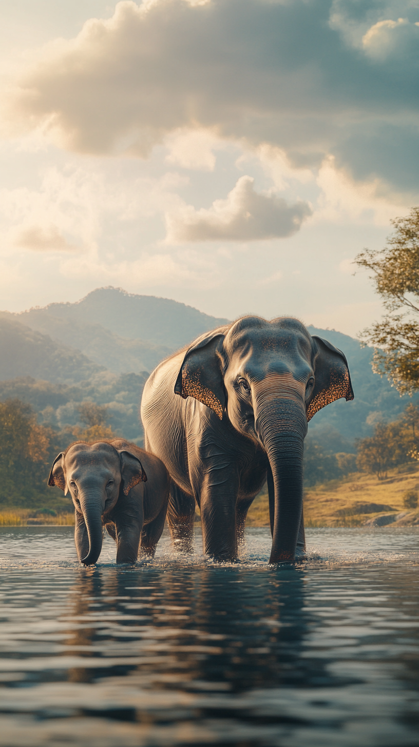 Elephants playing happily in the lake