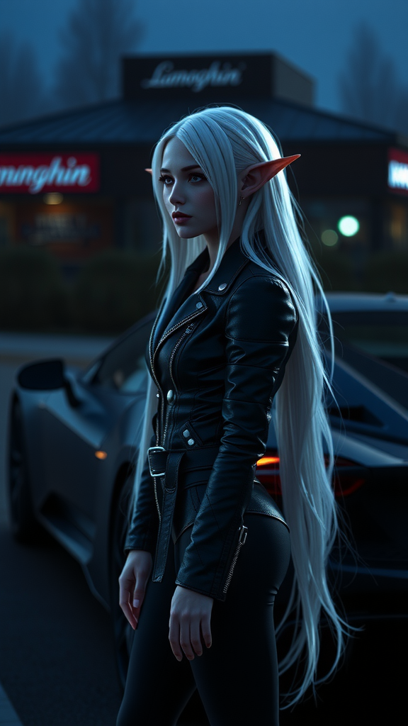 Elf Girl Admiring Lamborghini at Sunset