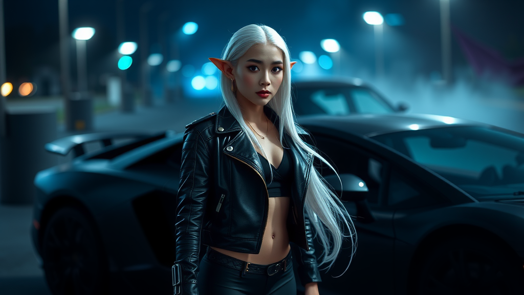 Elf Girl Next to Lamborghini at Night