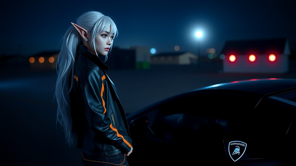 Elf girl admires Lamborghini at night