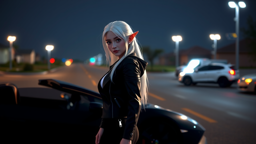 Elf girl admires car at night.