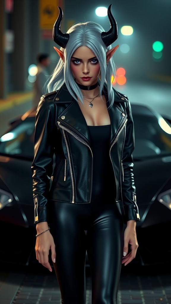 Elf girl in leather by Lamborghini, ultra realistic, detailed