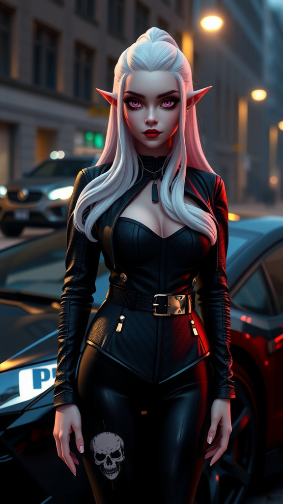 Elf girl in leather by Lamborghini at night.