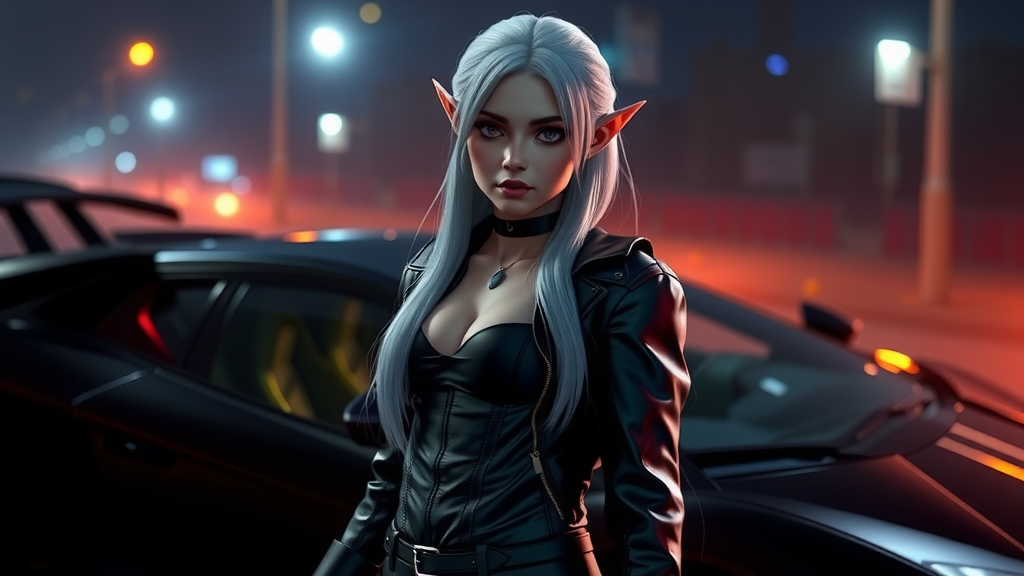 Elf girl in leather jacket near Lamborghini car