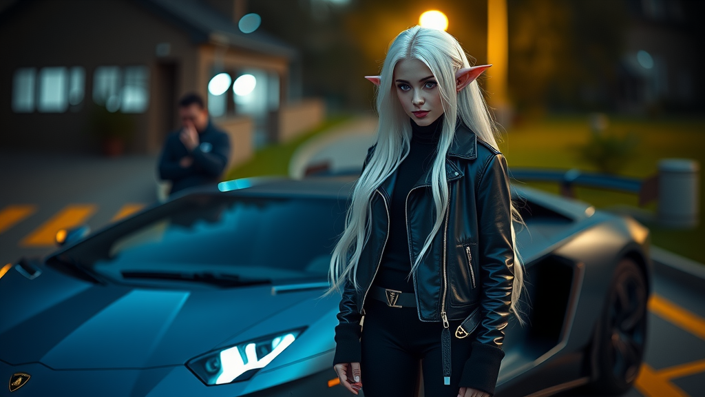 Elf girl standing by Lamborghini Aventador at night.