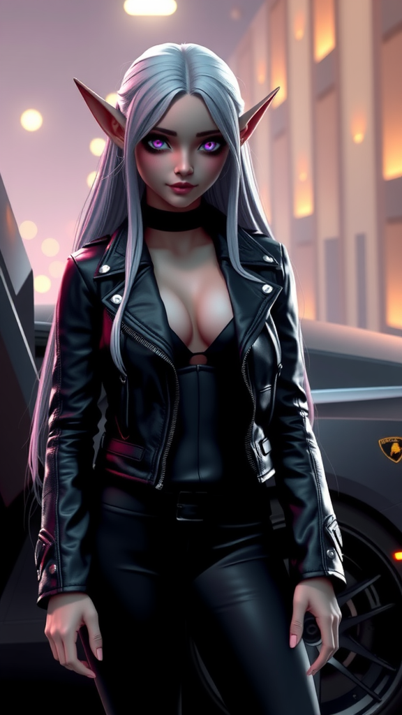 Elf girl with white hair by Lamborghini car.