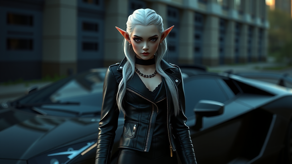 Elf girl with white hair near Lamborghini car.