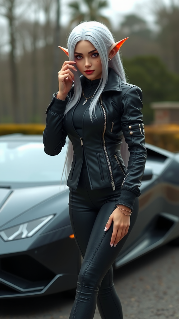 Elf girl with white hair near Lamborghini.