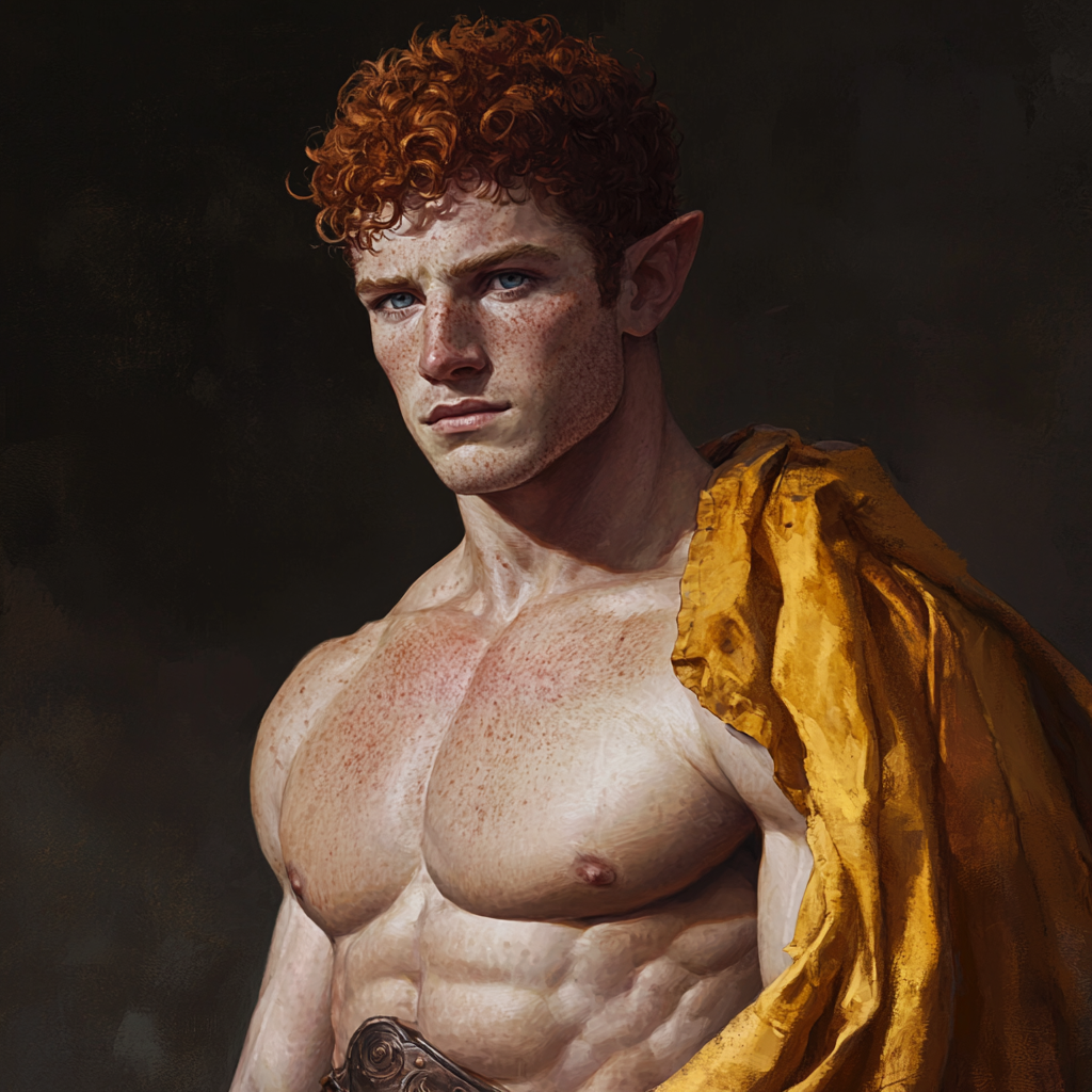 Elf with red hair, blue eyes, defined muscles, freckles.