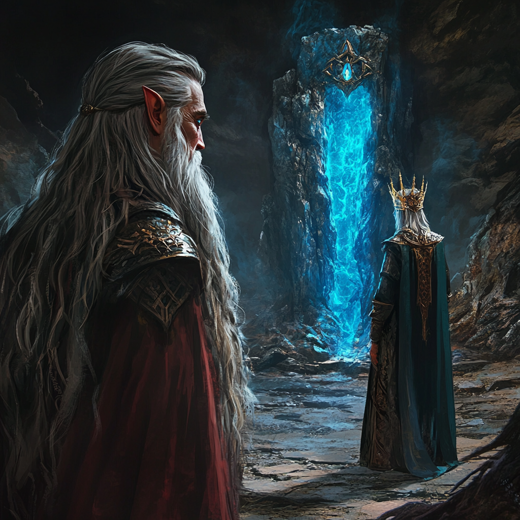 Elf wizard with elf queen and blue portal behind