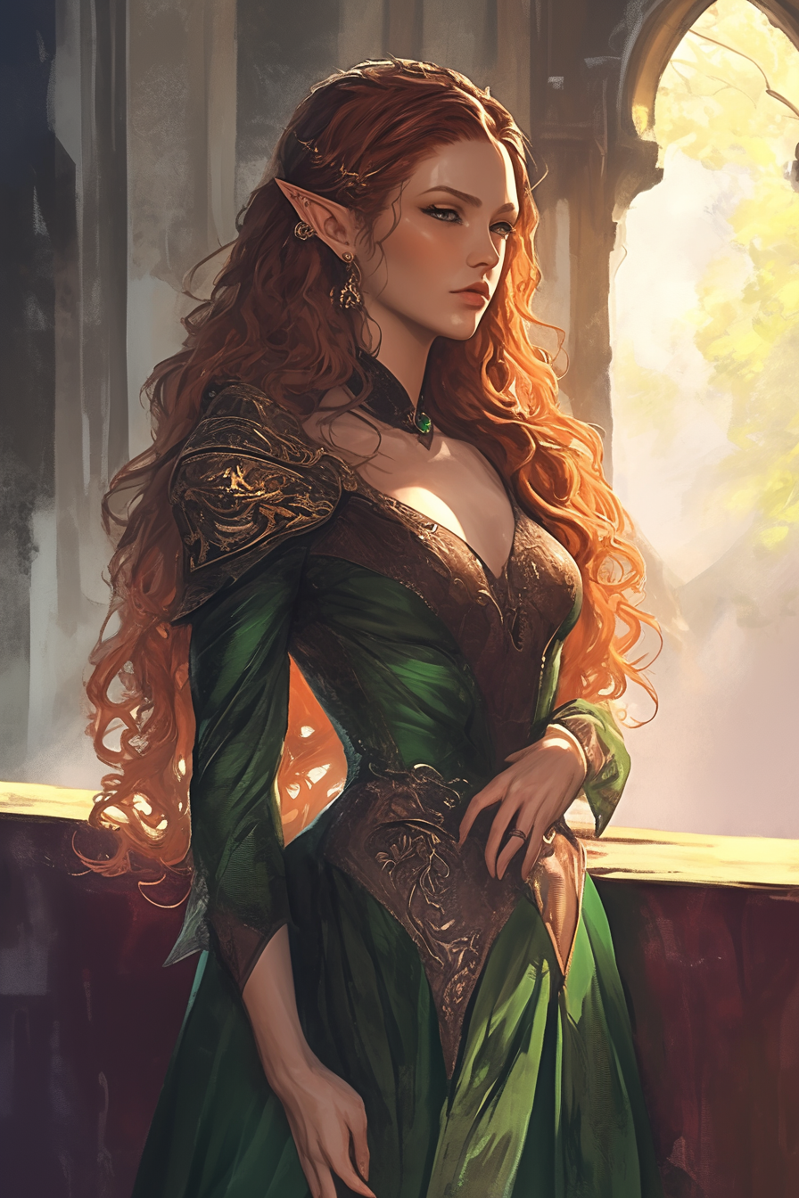 Elf woman with red hair in green dress