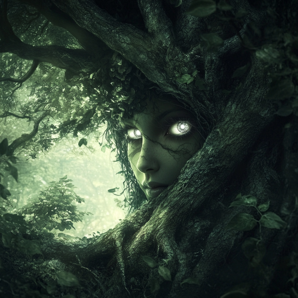 Elfen woman with big eyes hiding in bright forest.