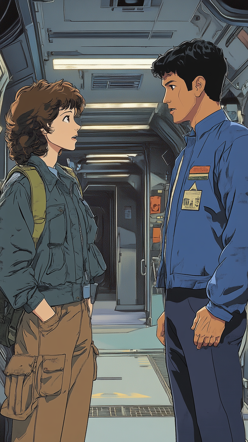 Ellen Ripley talks to a male Marshal in starship.