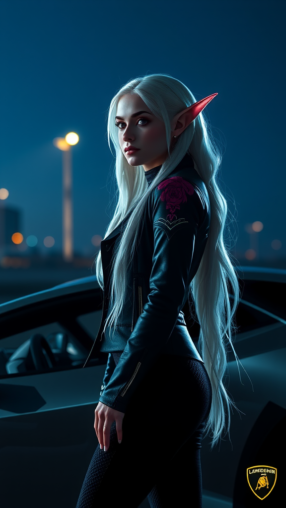 Elven girl at night with luxury car beauty.