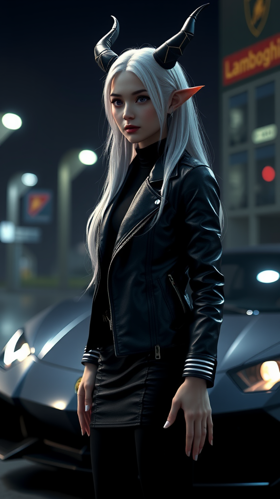 Elven girl with white hair near Lamborghini.