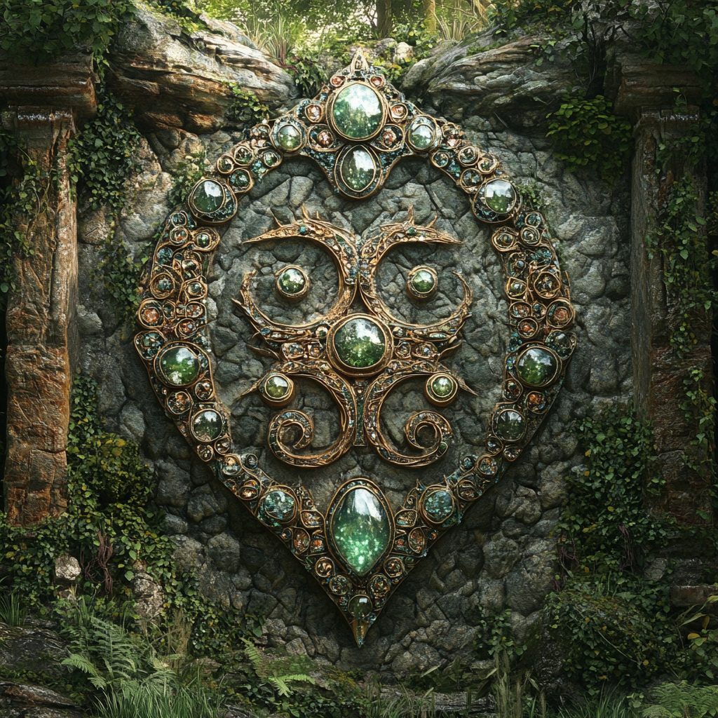 Elven ruins mosaic of gems, metals, forest triskelion design.