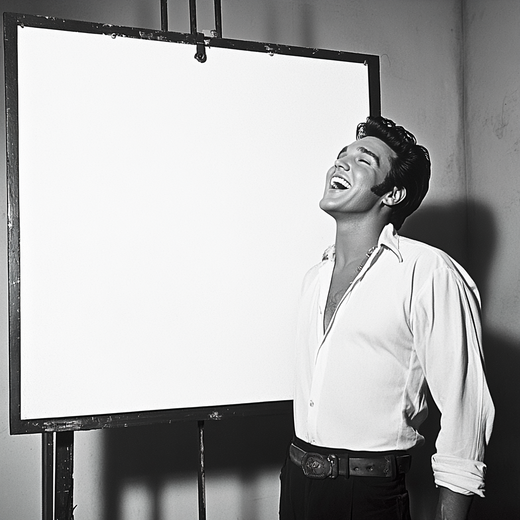 Elvis Presley laughs in front of white canvas