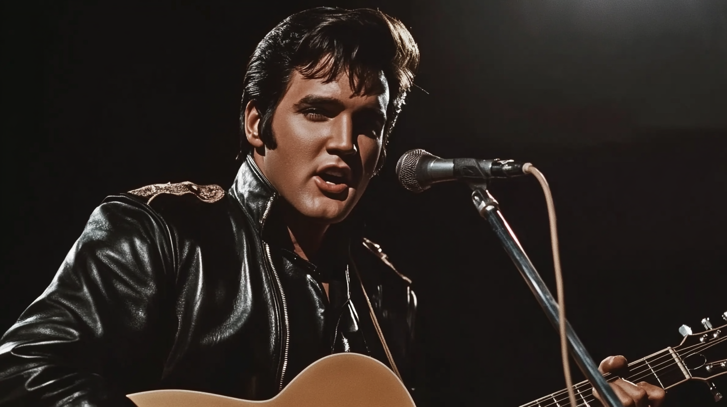 Elvis Presley singing in concert hall with guitar.